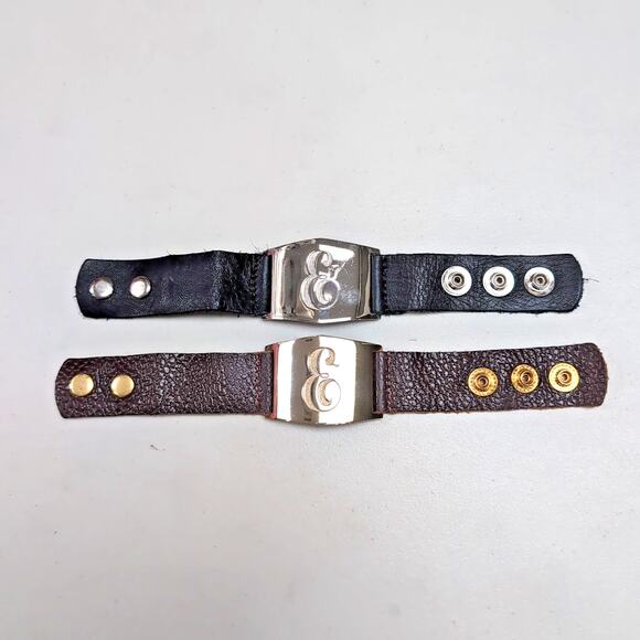 LISA STEWART Lot 2 Initial E Silver Tone Black Gold Tone Brown Leather Bracelets - Picture 5 of 15